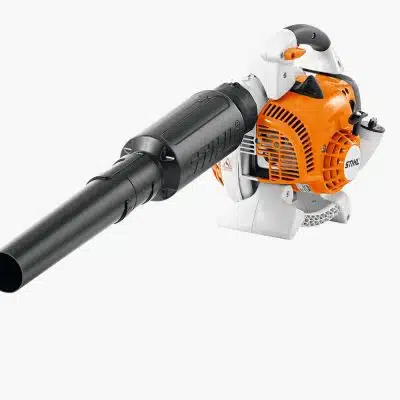 A white and orange STIHL handheld petrol leaf blower angled against a plain white background.
