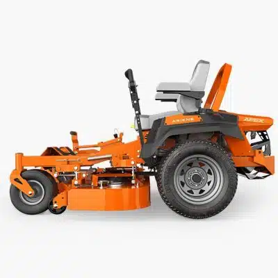 A 3D render of an orange zero-turn ride-on mower with the word APEX on its side, shown on a white background.