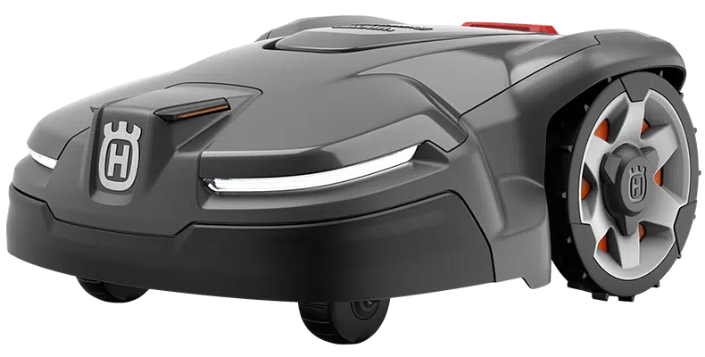 Floating_Robot A grey Husqvarna robotic lawn mower shown at an angle against a plain light background.