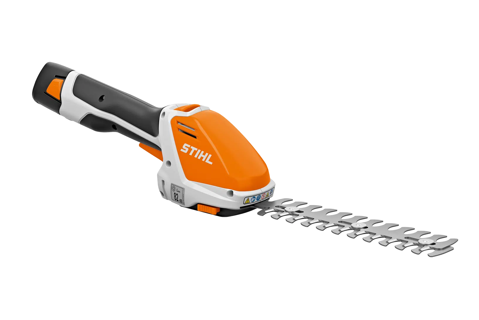 STIHL HSA 26 An orange and grey STIHL cordless handheld shear with a toothed blade bar.