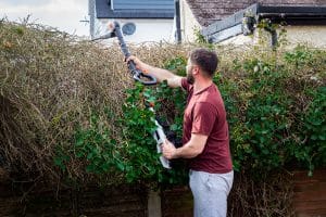 Gardener Cutting Hedges Reaches Over Tall Hedge With Long Hedge