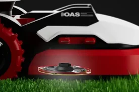 Double layer blades a white, red, and black robotic lawnmower designed in the style of a racecar