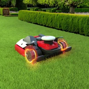 robotic lawnmower on a a lush green lawn