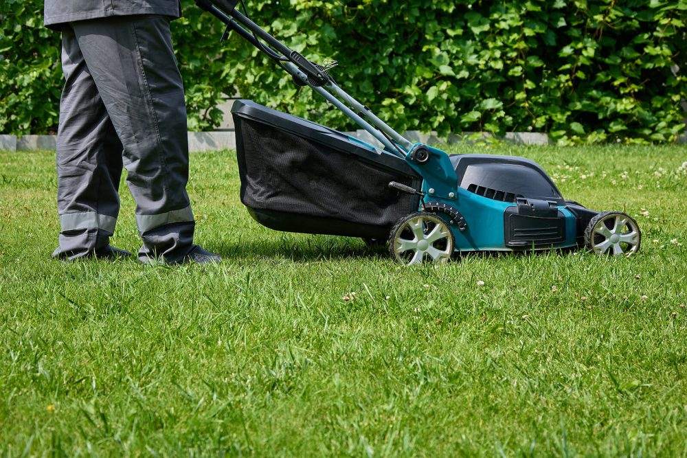 man in overalls using a push mower
