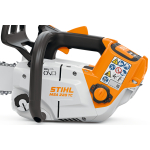 A studio product shot of a white and orange Stihl MSA 220 TC cordless chainsaw with safety warning labels.