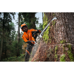 A man wearing orange protective gear uses a Stihl chainsaw to cut into a large tree trunk in a forest.