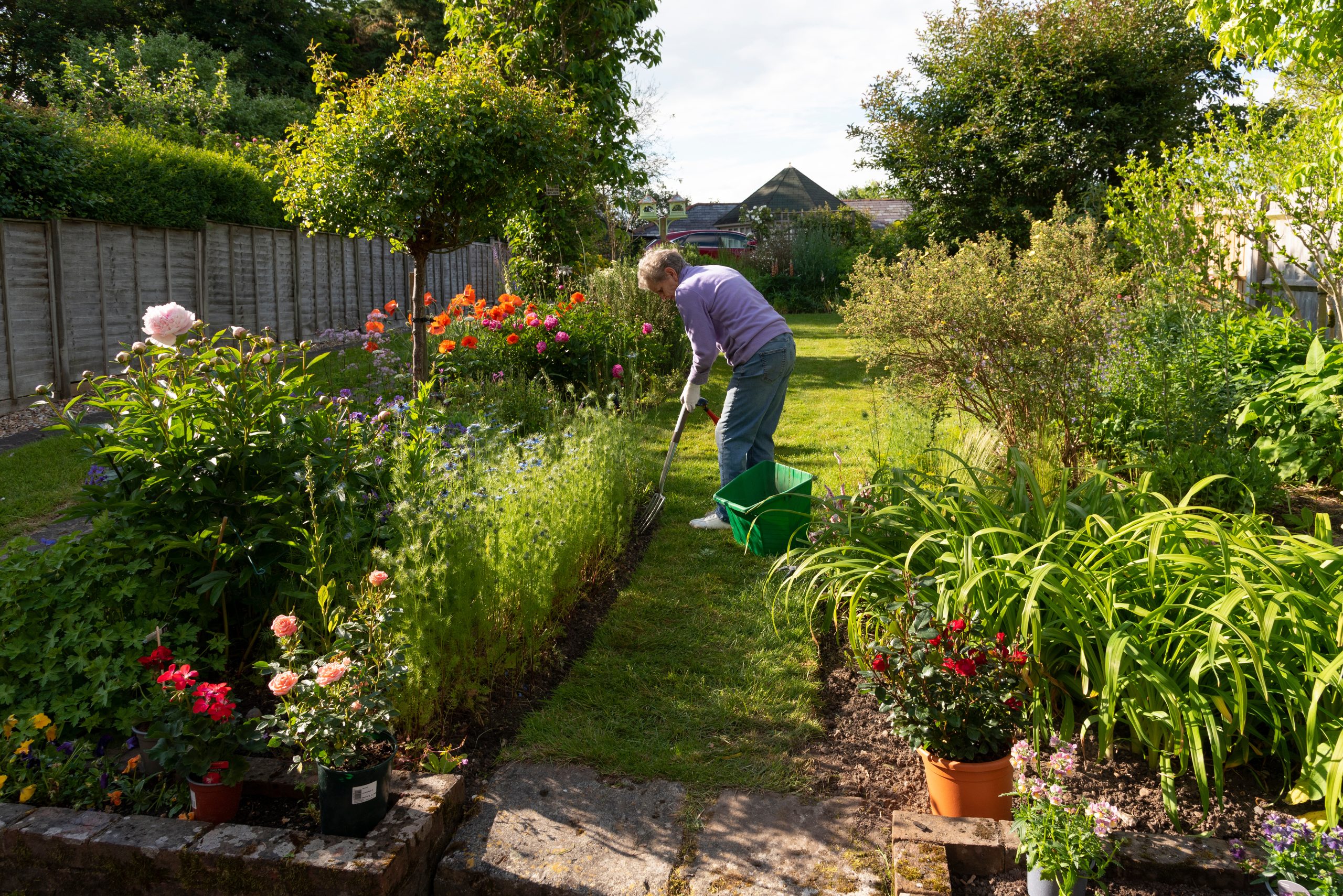 Hampshire, England, UK. 2022. Woman preparing the ground before planting out plants for the summer season in an English country garden