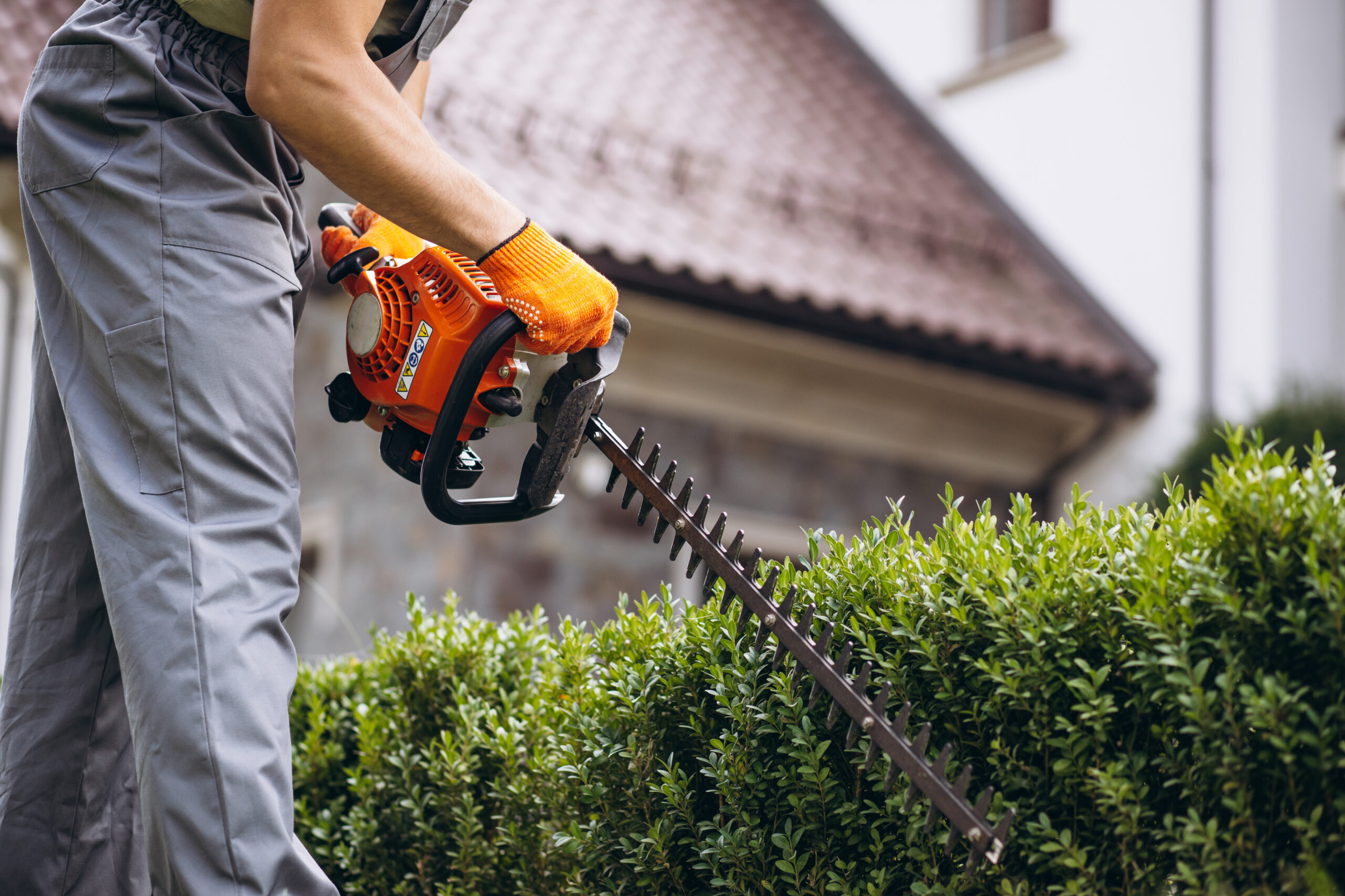 Man worker cutting bushes with an electric saw in the yard