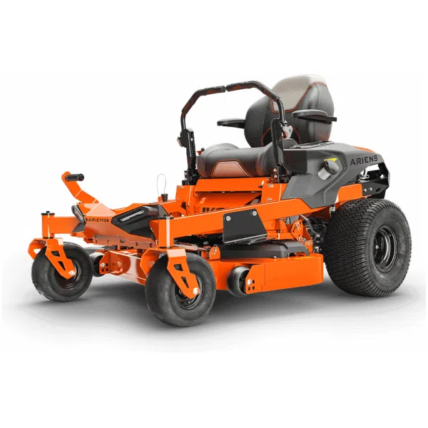 An orange and black Ariens zero-turn ride-on mower is shown at an angle on a white studio background.