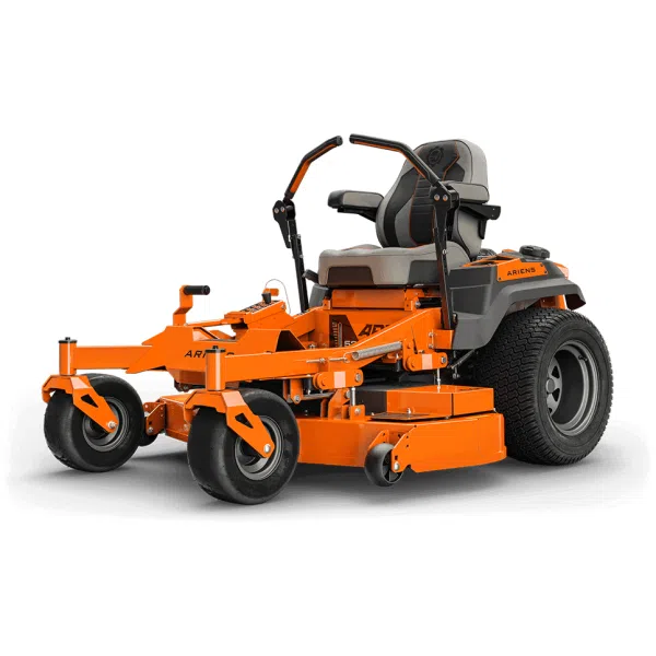 An orange and black Ariens zero-turn ride-on mower is shown from a front side angle on a white studio background.