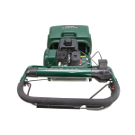 Studio front-view shot of a green Allett cylinder mower with visible engine and curved handlebar.