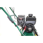 A close-up detail shows the small petrol engine mounted on top of a green cylinder mower.