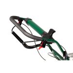 A close-up detail shot of the handlebar, cables, and control lever of a green push reel mower.