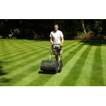 A man pushes an Allett cylinder mower across a striped lawn in a garden, with trees and a stone ornament behind.