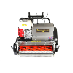 A studio product shot of a black 'Tournament 24' cylinder lawnmower with a red engine and cutting reel.