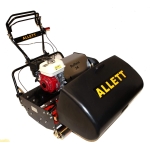 Side view of a black Allett Buffalo 34 cylinder mower with a Honda engine, on a white background.