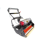 An Allett petrol cylinder mower photographed at an angle.