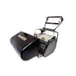 A side view studio shot of an Allett cylinder mower fitted with a black grass collection box.