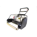 Side view of a complete black cylinder mower cutting unit with folding handlebar, branded Allett.