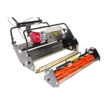 Studio product shot of an Allett C34 cylinder mower with a red petrol engine and orange cutting reel.