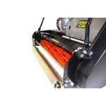 Close-up of the orange spiral cutting reel on an Allett C34 cylinder mower against a white background.