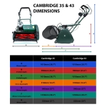 A technical diagram comparing dimensions and specifications of the Cambridge 35 and 43 cylinder mowers.