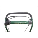 Close-up of a green crossbar handle with gold Allett lettering on a cylinder mower.