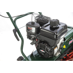 A close-up shows the black Briggs and Stratton engine mounted on a dark green cylinder lawn mower.