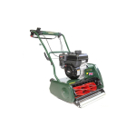 A green petrol cylinder mower with a red cutting reel and Union Jack decal, shown at an angle on a white background.