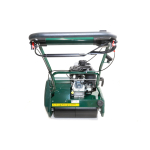 A green pedestrian cylinder mower with a petrol engine is shown as a studio cutout on a white background.