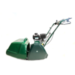 Side profile of a green petrol-engined cylinder mower on a white background.