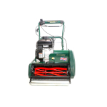 A green Kensington petrol cylinder mower with red cutting cylinder is shown front-on against a white studio background.