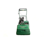 Front-angled view of a green Allett cylinder mower showing its handlebar and engine.