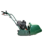 Side profile of a dark green petrol-engined cylinder mower with a rear grass box, on a white studio background.
