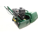 A dark green petrol cylinder lawn mower with a black engine is shown from above on a white background.