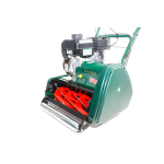 Green Kensington petrol cylinder mower, angled view
