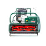 Close-up of a green cylinder mower showing a Kensington badge with a Union Jack above the red cutting reel.
