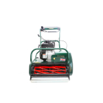 A front-facing studio shot of a green Kensington petrol cylinder mower with a red cutting reel.