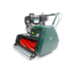 green cylinder lawnmower with red reel blades, front angle