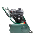 A side view shows a dark green petrol cylinder lawn mower with a black Briggs and Stratton engine on a white background.