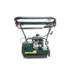 Studio front-view shot of a green petrol-engine cylinder lawnmower.