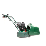 A dark green petrol cylinder lawn mower with a rear grass collection box is shown at an angle on a white background.