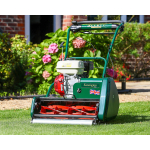An Allett Kensington cylinder mower sits on a lawn in a garden with pink hydrangeas and a brick house in the background.