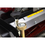 An extreme close-up shows a height adjustment knob and dial on a cylinder lawn mower.