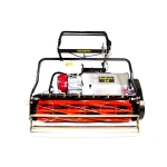 A black Allett Buffalo 34 cylinder mower shown front-on with its red cutting reel, photographed on a white studio background.