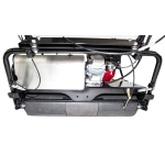 A top-down view shows an engine mounted on a mower's metal frame with black rubber flaps beneath.