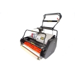 A studio photo of an Allett pedestrian cylinder mower showing the orange cutting reel and chrome front roller.