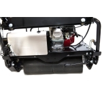 A close-up front view of a cylinder mower's engine, control panel, and roller assembly against a white background.