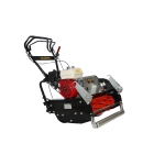 A black Allett petrol cylinder mower with a red cutting cylinder is shown at an angle against a white studio background.