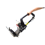 A hand lifts a small cylinder lawn mower by its black handle against a white background.